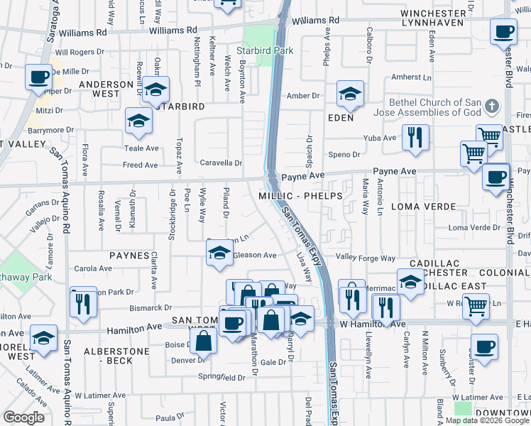 map of restaurants, bars, coffee shops, grocery stores, and more near 3615 Compton Lane in San Jose