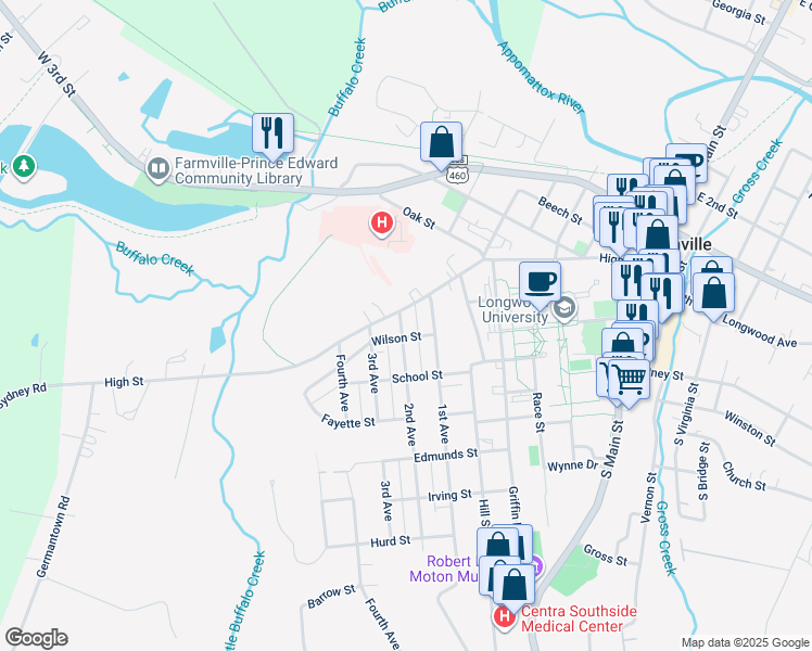 map of restaurants, bars, coffee shops, grocery stores, and more near 206 2nd Avenue in Farmville