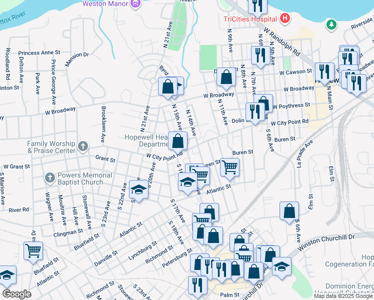 map of restaurants, bars, coffee shops, grocery stores, and more near 100 North 15th Avenue in Hopewell