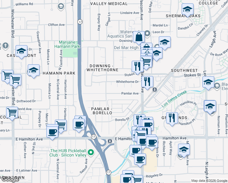 map of restaurants, bars, coffee shops, grocery stores, and more near 570 Pamlar Avenue in San Jose