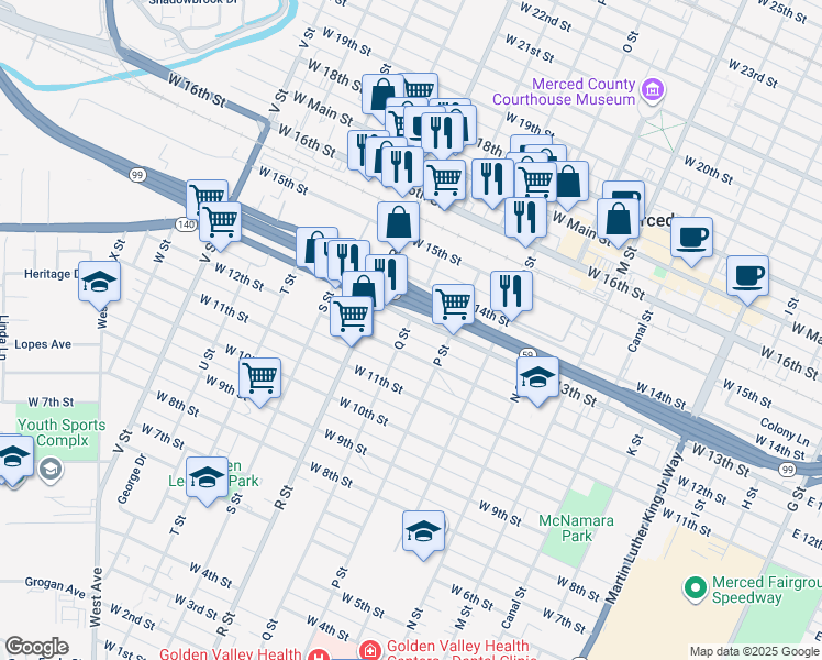 map of restaurants, bars, coffee shops, grocery stores, and more near 1260 Q Street in Merced