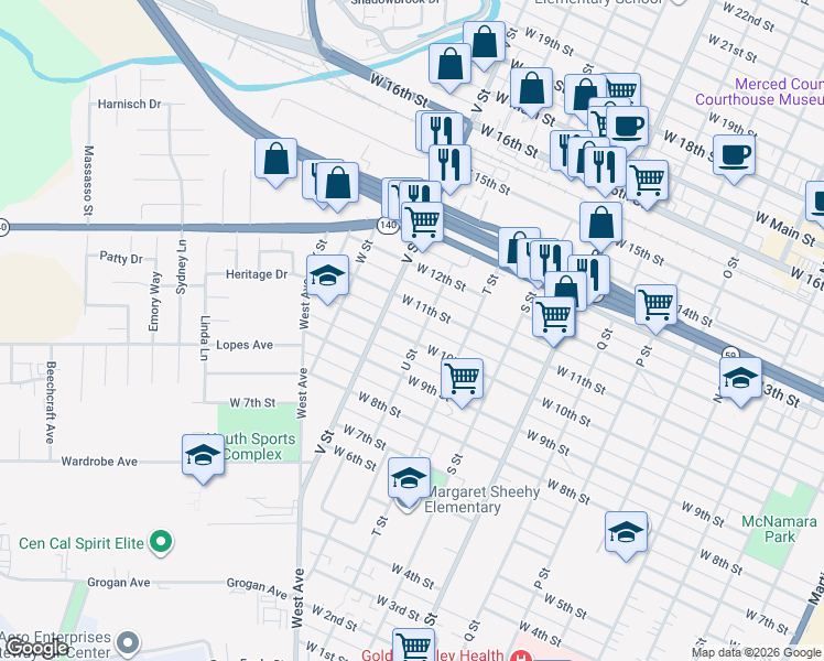 map of restaurants, bars, coffee shops, grocery stores, and more near 1413 West 10th Street in Merced