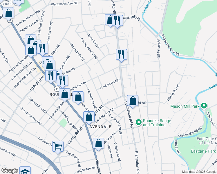 map of restaurants, bars, coffee shops, grocery stores, and more near 319 Fieldale Road Northeast in Roanoke