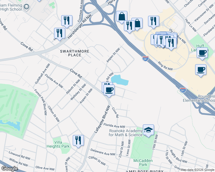 map of restaurants, bars, coffee shops, grocery stores, and more near 1701 Fairland Road Northwest in Roanoke