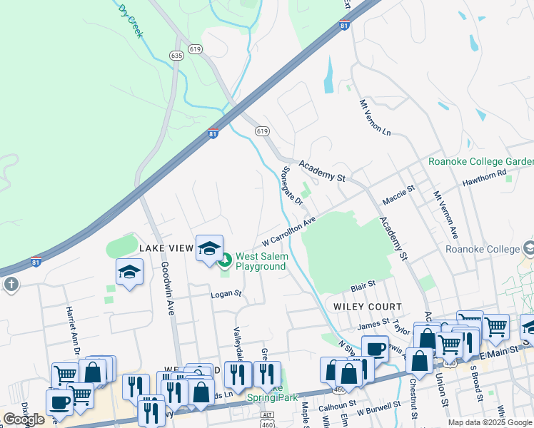 map of restaurants, bars, coffee shops, grocery stores, and more near 606 Highfield Road in Salem