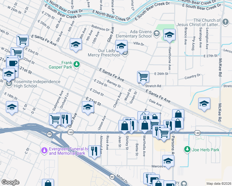 map of restaurants, bars, coffee shops, grocery stores, and more near 2212 Cherry Avenue in Merced