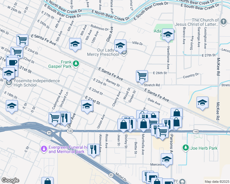 map of restaurants, bars, coffee shops, grocery stores, and more near 1070 East 23rd Street in Merced
