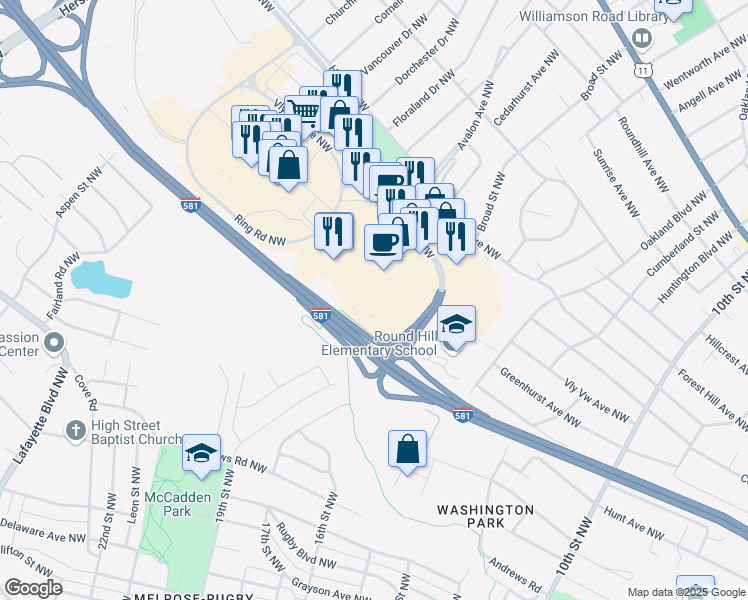 map of restaurants, bars, coffee shops, grocery stores, and more near 4727 Valley View Boulevard Northwest in Roanoke