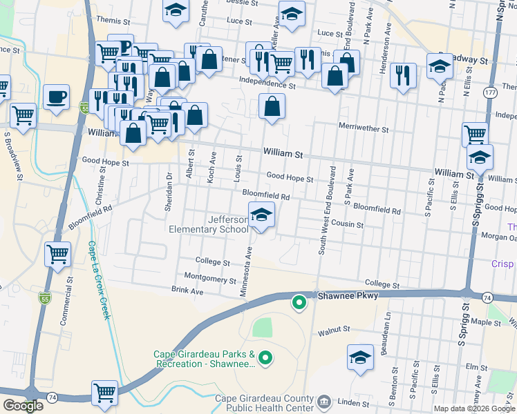 map of restaurants, bars, coffee shops, grocery stores, and more near 520 South Missouri Avenue in Cape Girardeau