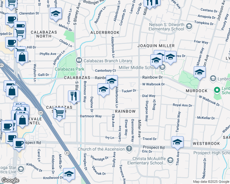 map of restaurants, bars, coffee shops, grocery stores, and more near 6560 Hanover Drive in San Jose
