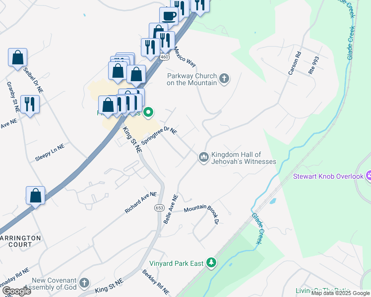 map of restaurants, bars, coffee shops, grocery stores, and more near 3308 Springtree Drive Northeast in Roanoke