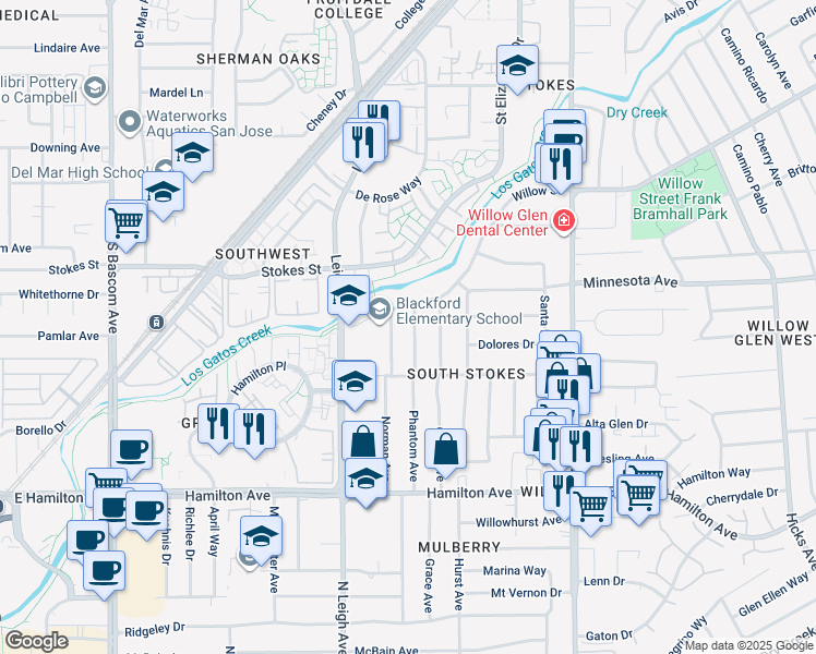 map of restaurants, bars, coffee shops, grocery stores, and more near 1443 Phantom Avenue in San Jose