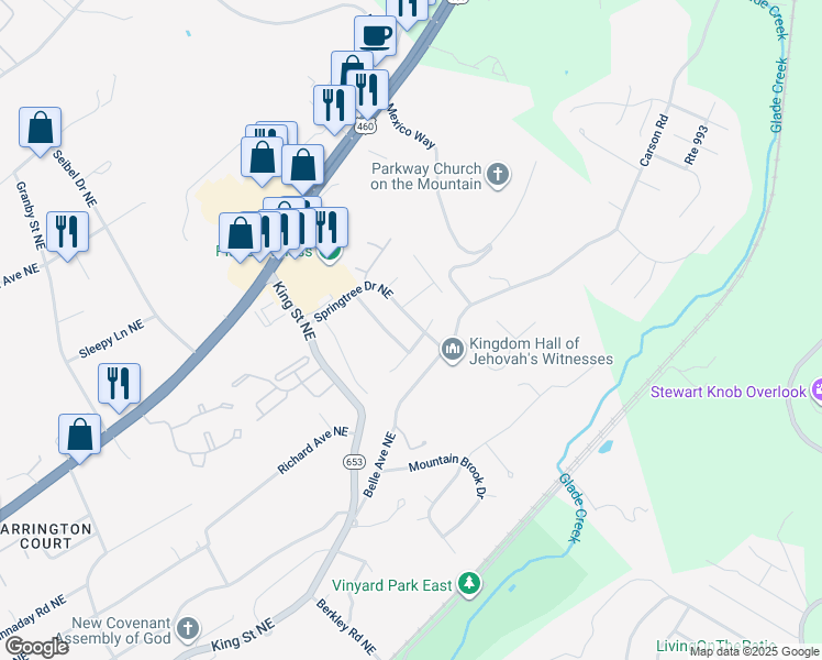 map of restaurants, bars, coffee shops, grocery stores, and more near 3308 Springtree Drive Northeast in Roanoke