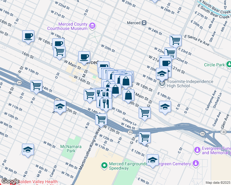 map of restaurants, bars, coffee shops, grocery stores, and more near Martin Luther King Junior Way in Merced