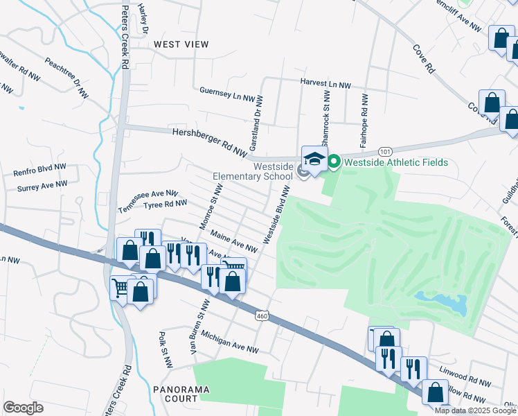 map of restaurants, bars, coffee shops, grocery stores, and more near 3925 Kentucky Avenue Northwest in Roanoke
