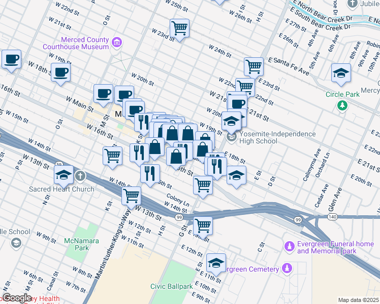 map of restaurants, bars, coffee shops, grocery stores, and more near 140 West Main Street in Merced