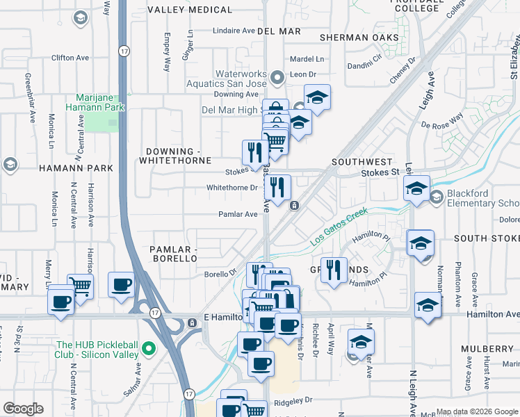 map of restaurants, bars, coffee shops, grocery stores, and more near in San Jose