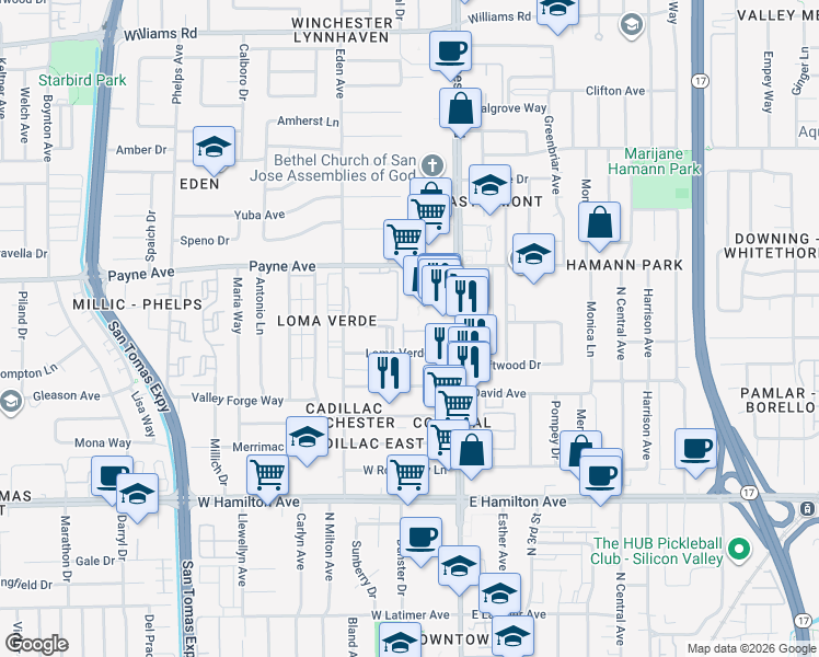 map of restaurants, bars, coffee shops, grocery stores, and more near 3139 Loma Verde Drive in San Jose