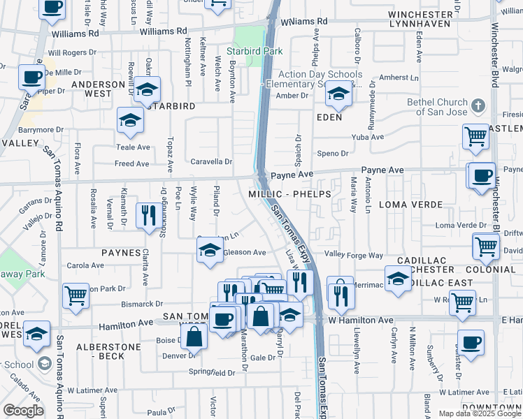 map of restaurants, bars, coffee shops, grocery stores, and more near 3615 Compton Lane in San Jose