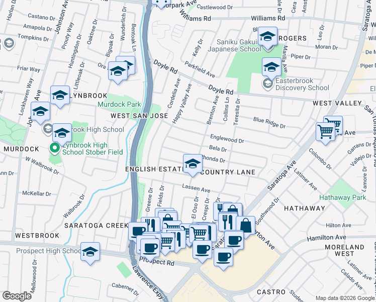 map of restaurants, bars, coffee shops, grocery stores, and more near 5225 Country Lane in San Jose