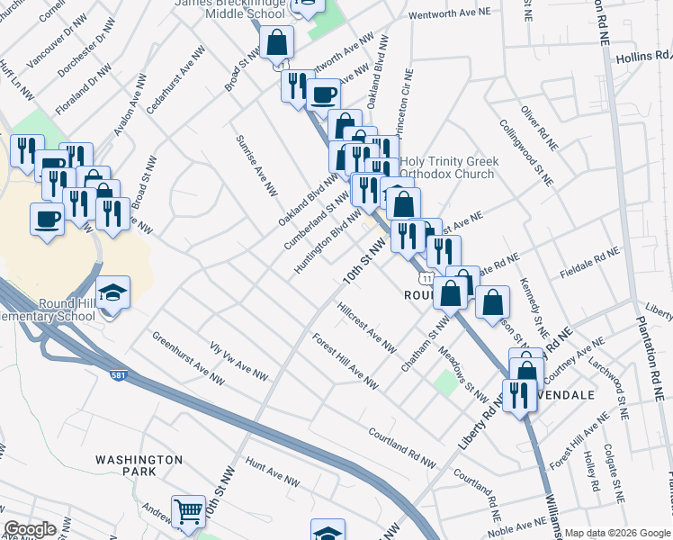 map of restaurants, bars, coffee shops, grocery stores, and more near 2708 10th Street Northwest in Roanoke