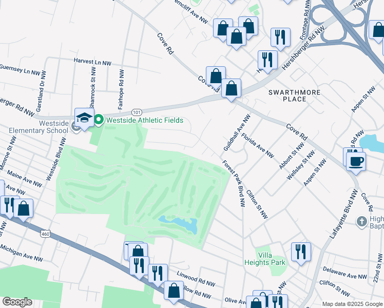 map of restaurants, bars, coffee shops, grocery stores, and more near 3302 Kershaw Road Northwest in Roanoke