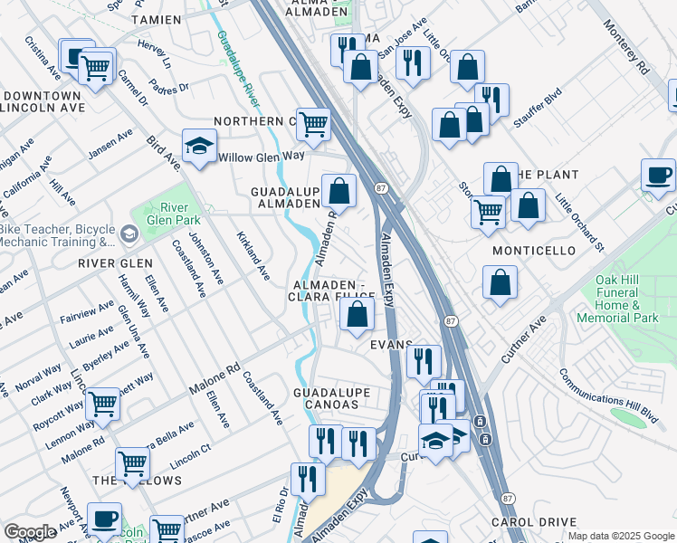 map of restaurants, bars, coffee shops, grocery stores, and more near 1930 Almaden Road in San Jose