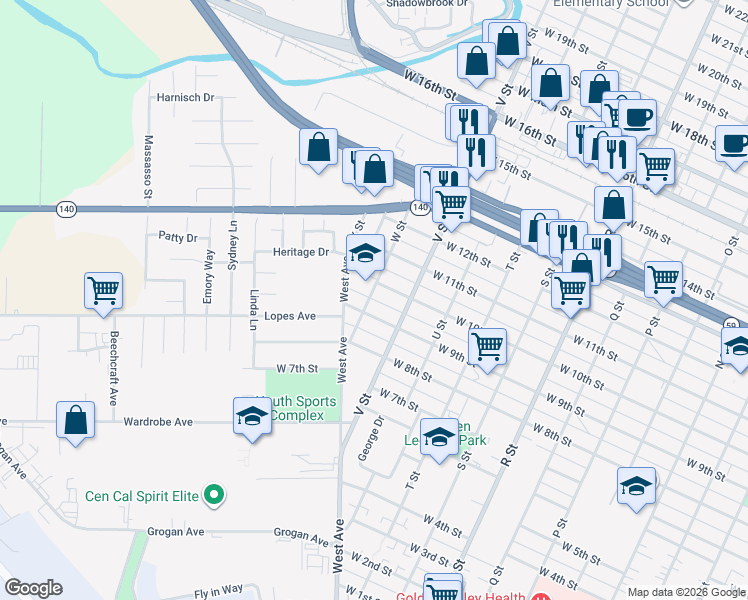 map of restaurants, bars, coffee shops, grocery stores, and more near 944 W Street in Merced