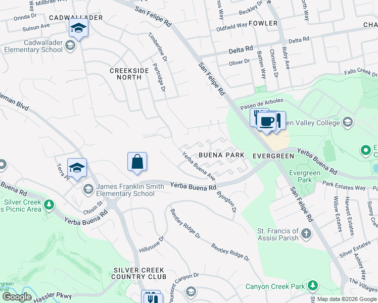 map of restaurants, bars, coffee shops, grocery stores, and more near 2512 Yerba Hills Court in San Jose