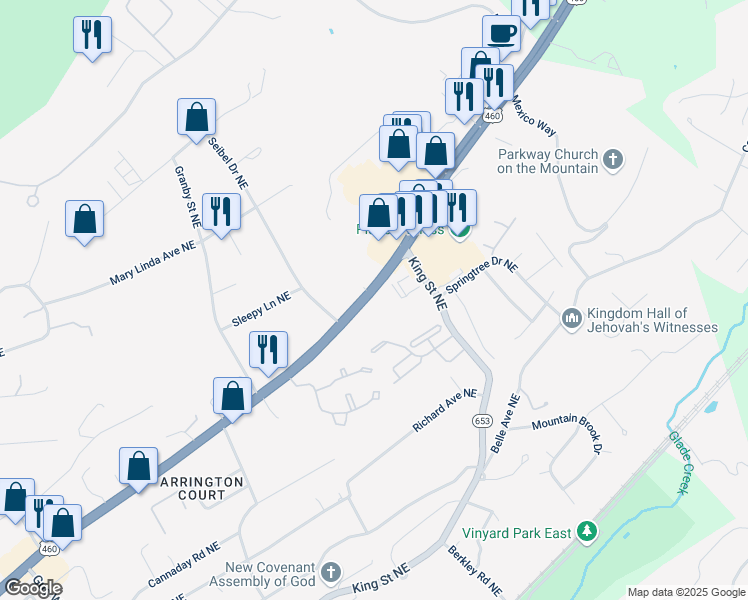 map of restaurants, bars, coffee shops, grocery stores, and more near 3315 Orange Avenue Northeast in Roanoke