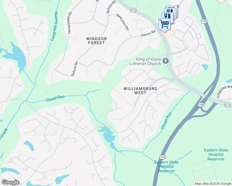 map of restaurants, bars, coffee shops, grocery stores, and more near 114 Lexington Drive in Williamsburg