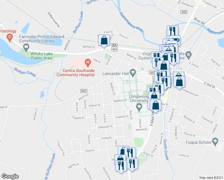 map of restaurants, bars, coffee shops, grocery stores, and more near 207 Watkins Street in Farmville
