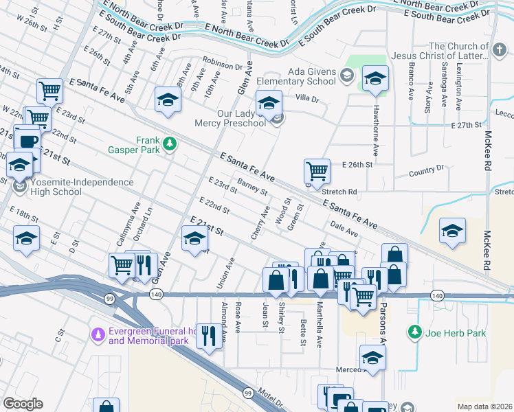 map of restaurants, bars, coffee shops, grocery stores, and more near 1070 East 23rd Street in Merced