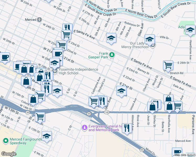 map of restaurants, bars, coffee shops, grocery stores, and more near 2035 Calimyrna Avenue in Merced