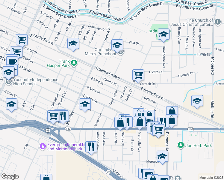map of restaurants, bars, coffee shops, grocery stores, and more near 1070 East 23rd Street in Merced