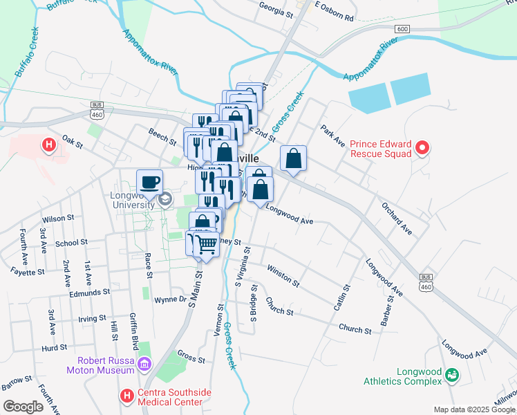 map of restaurants, bars, coffee shops, grocery stores, and more near 301 Allen Lane in Farmville