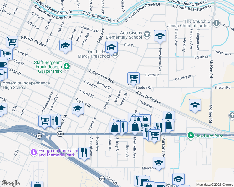 map of restaurants, bars, coffee shops, grocery stores, and more near 2295 Green Street in Merced