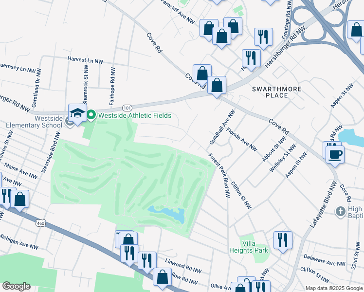 map of restaurants, bars, coffee shops, grocery stores, and more near 3302 Kershaw Road Northwest in Roanoke