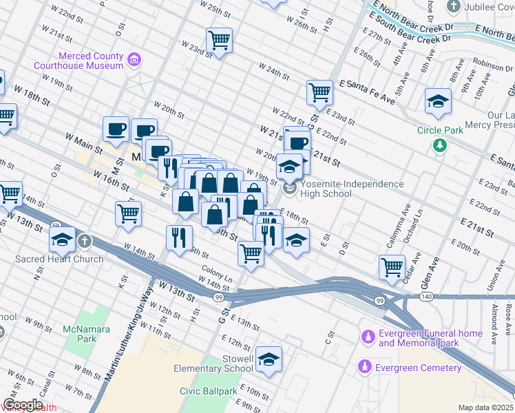 map of restaurants, bars, coffee shops, grocery stores, and more near 52 West Main Street in Merced