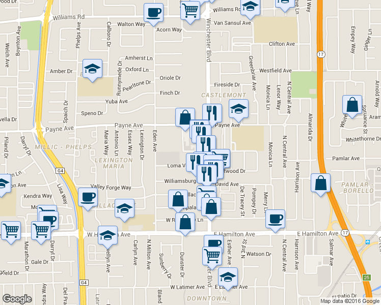 map of restaurants, bars, coffee shops, grocery stores, and more near 3139 Loma Verde Drive in San Jose