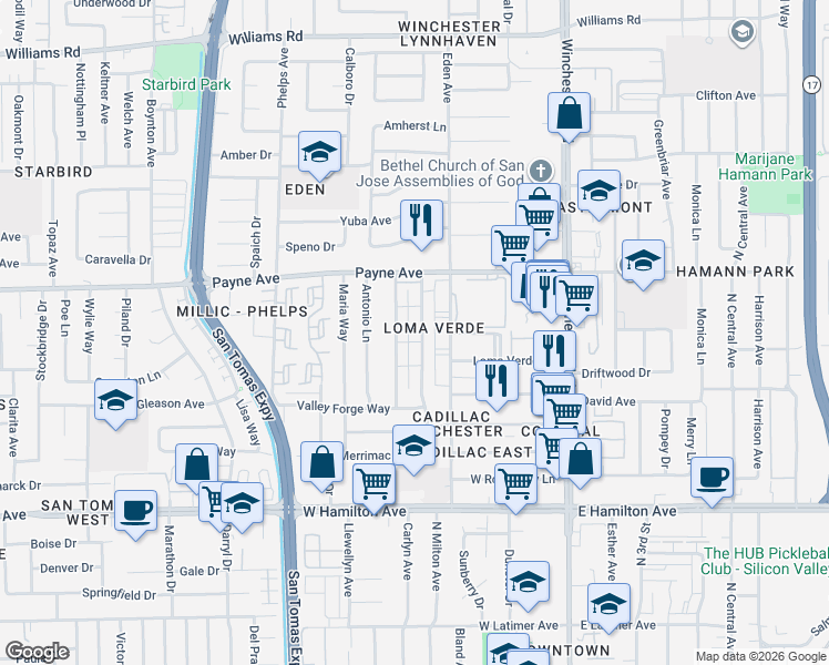 map of restaurants, bars, coffee shops, grocery stores, and more near 1401 Lexington Drive in San Jose