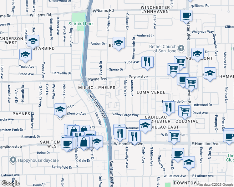 map of restaurants, bars, coffee shops, grocery stores, and more near 1408 Pinehurst Square in San Jose
