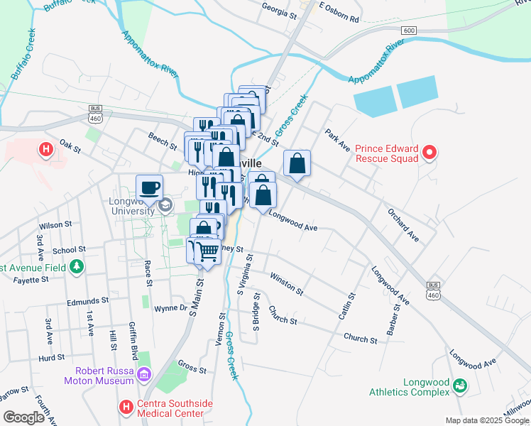 map of restaurants, bars, coffee shops, grocery stores, and more near 301-399 Allen Lane in Farmville