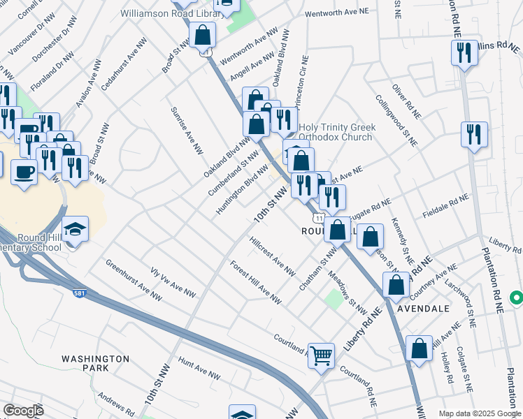 map of restaurants, bars, coffee shops, grocery stores, and more near 2806 10th Street Northwest in Roanoke