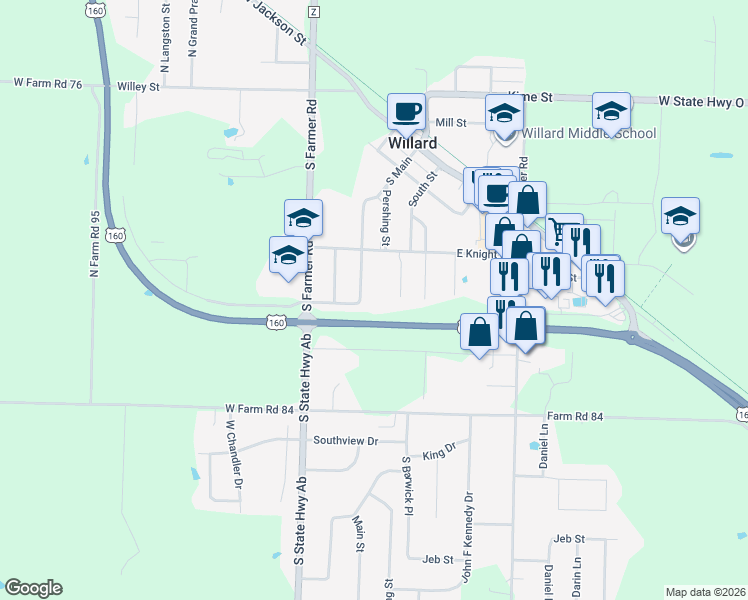 map of restaurants, bars, coffee shops, grocery stores, and more near U.S. 160 in Willard