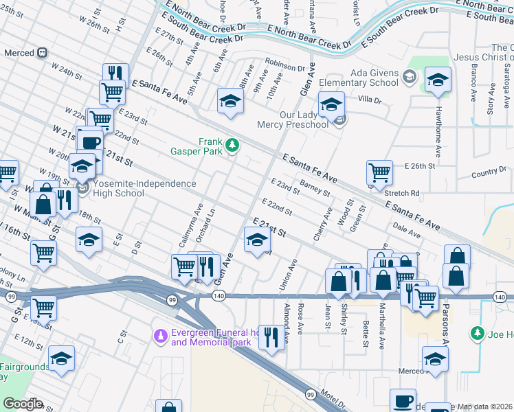 map of restaurants, bars, coffee shops, grocery stores, and more near 2170 Glen Avenue in Merced