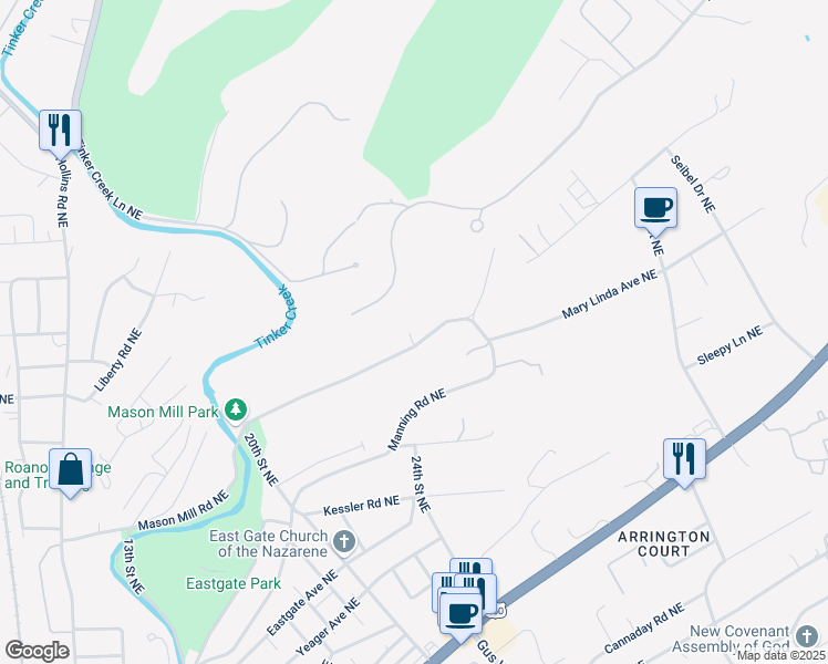map of restaurants, bars, coffee shops, grocery stores, and more near 2402 Mason Mill Road Northeast in Roanoke