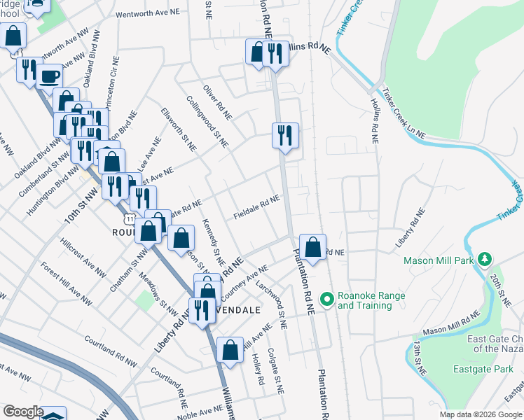 map of restaurants, bars, coffee shops, grocery stores, and more near 2622-2704 Fairfield Drive Northeast in Roanoke
