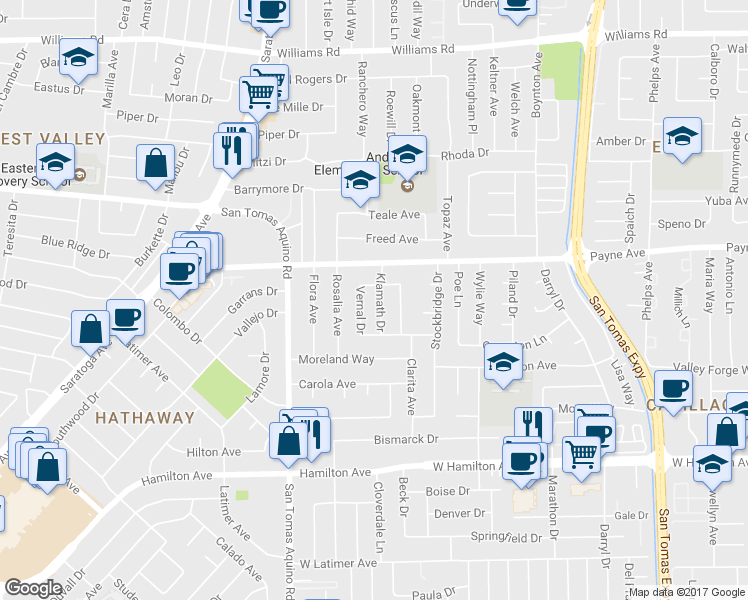 map of restaurants, bars, coffee shops, grocery stores, and more near 1333 Klamath Drive in San Jose