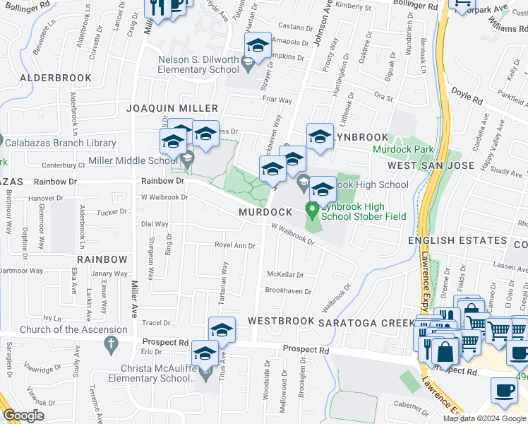 map of restaurants, bars, coffee shops, grocery stores, and more near 6225 Rainbow Drive in San Jose